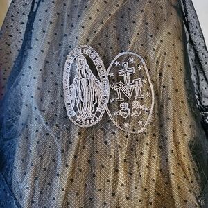 Miraculous Medal Embroidered‎ Mantilla Chapel Veil Bronze on Black Lace Triangle